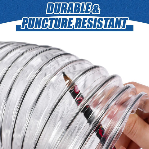 Close-up of a flexible 4 inch diameter 70 foot clear dust collection hose showcasing puncture resistance with pencil tip test.