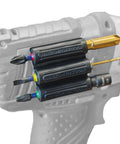 Close-up of heavy duty drill and impact driver bit holder with silicone bandolier and 3M adhesive, holding multiple bits.