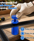 Tall Stair Gauge Block For Framing And Speed Squares With Locking Hook Attachment Dead On Carpenter Layout Guide Sweet Anodized Aluminum Craftsmanship To Nail Perfect Stringer Angles For Pro Builds Red, shown in use.