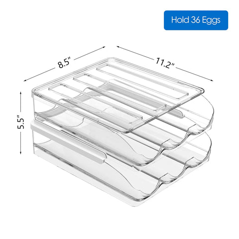 Two Tier Clear Egg Organizer For Refrigerator, 36 Egg Capacity, Auto Rolling Tray System, BPA Free, Easy Grab And Go