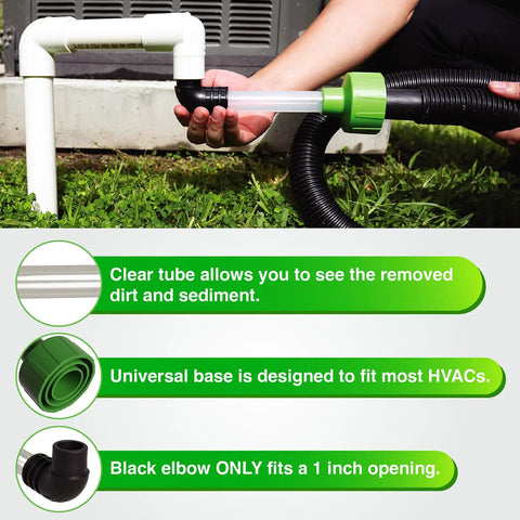 AC Drain Line Cleaner Adapter evacuates and unclogs PVC HVAC drain lines with clear view tube, easy grip elbow for mess-free cleaning.