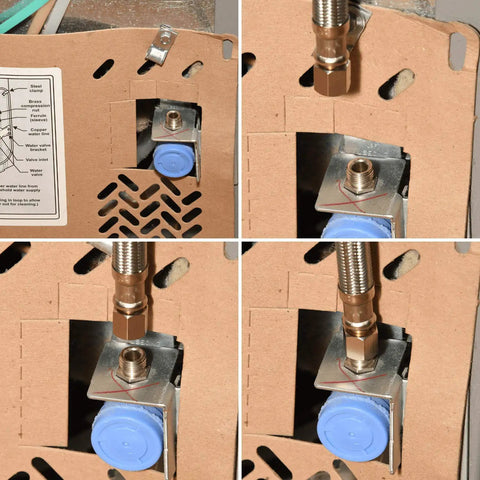 Close-up of Universal Icemaker Hose 20 Ft For All Refrigerator Brands, stainless steel water supply line installation.