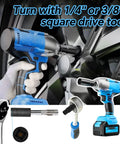 Eight Piece Tap Socket Set With One Quarter Inch Drive And Three Eighths Inch Drive Fits All MCTI Standard Taps Up To One Half Inch And One Eighth Inch NPT Plus Metric Up To Twelve Millimeters For Socket Wrench Kits shown with power tool in use
