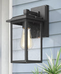 2 Pack Outdoor Wall Sconces Lantern Lights With Seeded Glass In Black Finish, Weatherproof Aluminum Exterior Fixture on wall