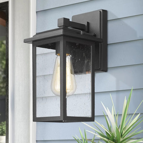 2 Pack Outdoor Wall Sconces Lantern Lights With Seeded Glass In Black Finish, Weatherproof Aluminum Exterior Fixture on wall