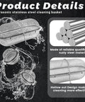 Hella Tough Stainless Steel Ultrasonic Cleaning Baskets Featuring Slick Locking Hooks, showcasing cleaning baskets and hooks with water effects.
