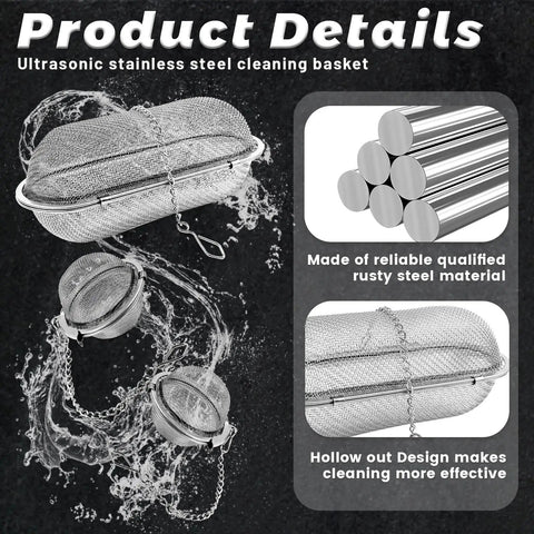 Hella Tough Stainless Steel Ultrasonic Cleaning Baskets Featuring Slick Locking Hooks, showcasing cleaning baskets and hooks with water effects.