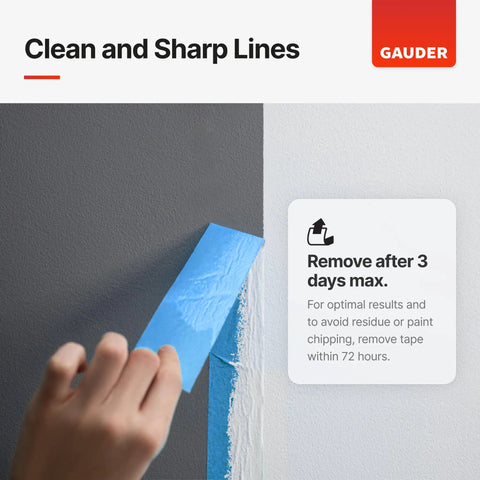 Hand peeling blue painter tape for renovations and DIY projects with sharp edges no bleed masking for easy clean removal.