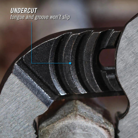 Close-up of 12 Inch Tongue And Groove Pliers With Straight Jaw For Boss Grip Laser Heat Treated Teeth And Undercut No Slip Design.
