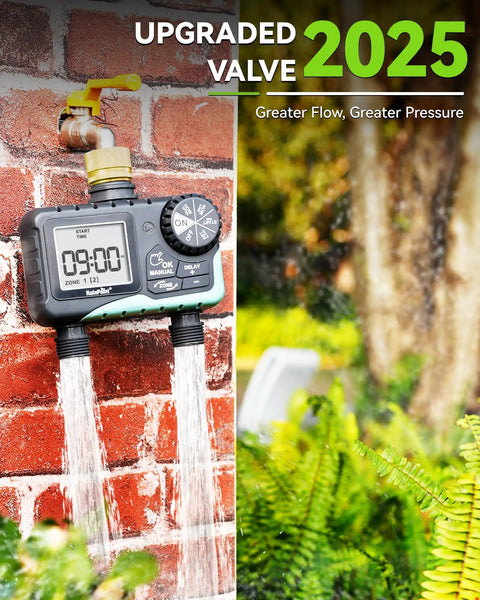 Dual Zone Garden Hose Timer With Brass Swivel And Two Outlets Programmable Sprinkler Timer attached to a wall with water flowing.