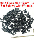 110 Piece M4 X 12mm Stainless Steel Set Screws Hex Socket Grub Screws With M2 Allen Wrench Built To Last 304 Grade Anti Corrosion Durable Fasteners For Machinery DIY Projects Furniture Auto And Marine Use. Image shows a set of M4 x 12mm black set screws with an L-shaped wrench, for DIY and machinery use.