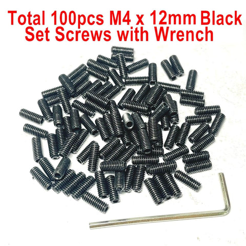 110 Piece M4 X 12mm Stainless Steel Set Screws Hex Socket Grub Screws With M2 Allen Wrench Built To Last 304 Grade Anti Corrosion Durable Fasteners For Machinery DIY Projects Furniture Auto And Marine Use. Image shows a set of M4 x 12mm black set screws with an L-shaped wrench, for DIY and machinery use.