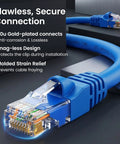 Close-up of Cat6 Ethernet Patch Cables 10 Ft Blue 10 Pack for Dope Home Office Networking, showcasing gold-plated connectors and snagless design.