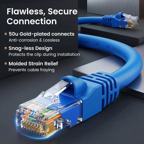 Close-up of Cat6 Ethernet Patch Cables 10 Ft Blue 10 Pack for Dope Home Office Networking, showcasing gold-plated connectors and snagless design.