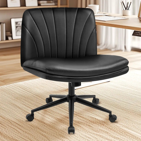 Comfy Cross Leg Chair On Five Wheels For Home Office And Vanity Makeup Setup Armless Swivel Desk Chair With PU Leather Finish Black Adjustable