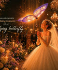 Bride gazing at RC Flying Butterfly Drone With LED Lights And Realistic Flapping Wings in elegant wedding setting