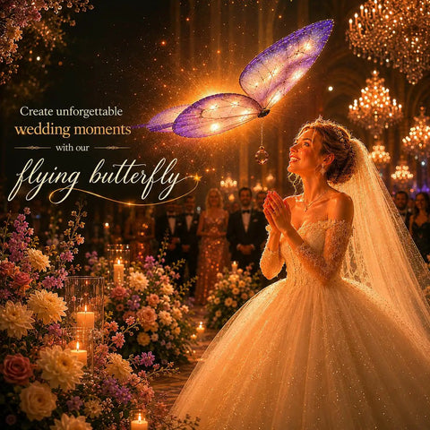 Bride gazing at RC Flying Butterfly Drone With LED Lights And Realistic Flapping Wings in elegant wedding setting