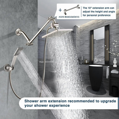 Dual Shower Head System with 8 Inch Square Rainfall Head and Handheld Spray 60 Inch Hose Wall Mount Bracket Brushed Nickel Finish