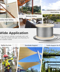 Collage showing uses of 3/16 Inch 500 Ft Stainless Steel Wire Rope 304 7x19 for Deck Cable Railing Balustrades Clotheslines Zip Lines Heavy Duty