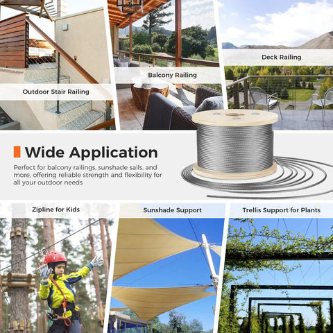 Collage showing uses of 3/16 Inch 500 Ft Stainless Steel Wire Rope 304 7x19 for Deck Cable Railing Balustrades Clotheslines Zip Lines Heavy Duty