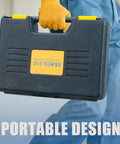 25 Piece Broken Bolt Extractor Set With Drill Bit Guides portable carrying case held by gloved hand