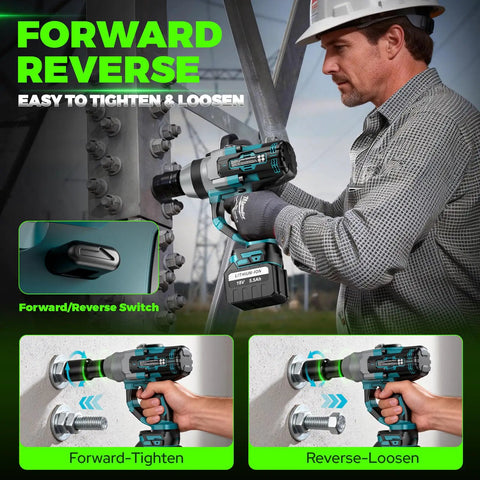 Heavy Duty Cordless Impact Wrench 1 Inch Drive Brushless Motor provides 3000Nm ultra high torque using forward/reverse switch.