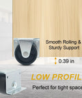 2 Inch Low Profile Caster Wheels For Trundle Bed, Cabinet Roll Out Bed, And Drawer With Screws 4 Pack installed on wooden surface.