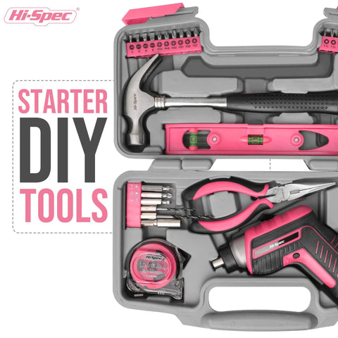 Pink 35 Piece Cordless Tool Kit With 3.6V USB Electric Screwdriver Set For Women, Lightweight Home Repair Kit Open View