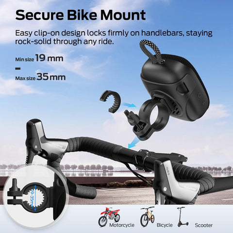 Outdoor Bluetooth Speaker with IPX7 Waterproof Rugged Build mounted on a bike handlebar using secure clip-on design.