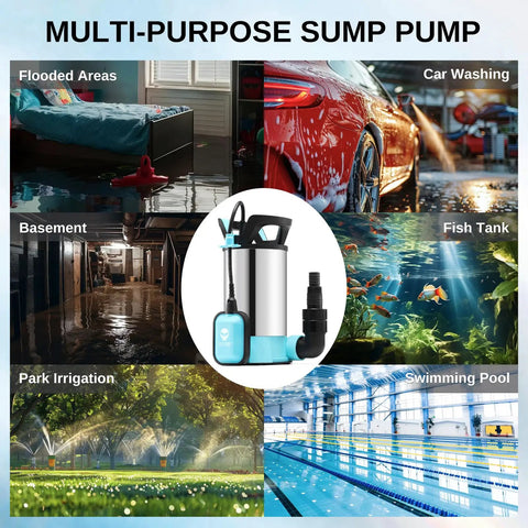 Collage showcasing Beast High Flow Submersible Sump Pump with 33 ft cord for car washes, basements, fish tanks, and pools.