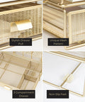 Gold Desk Organizer Set With Detachable File Organizer, Stackable Paper Tray And Storage Drawer showing details like mesh design and drawer pull.