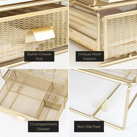 Gold Desk Organizer Set With Detachable File Organizer, Stackable Paper Tray And Storage Drawer showing details like mesh design and drawer pull.