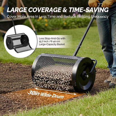 30 Inch Compost Spreader For Lawn And Garden With Adjustable Four Height T Shape Handle Peat Moss Roller And Seed Spreader For Backyard Outdoor Use Beast At Spreading Compost And Nutrients For A Lush Healthy Lawn used on grass