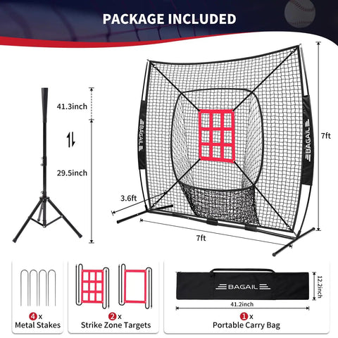 7x7 Ft Extra Large Baseball And Softball Training Net with Batting Tee, heavy duty steel frame and oversized hitting zone, package view.
