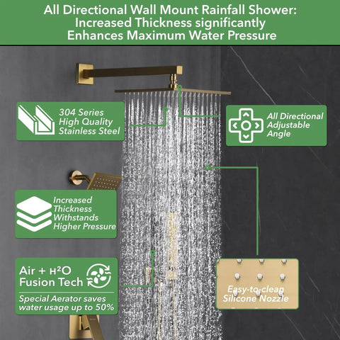 Premium Top Shelf Brushed Gold Shower Faucet Set Featuring Wall Mounted Design With Quick Push Button Diverter And Slip Resistant Controls For Zero Hassle Daily Showers
