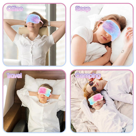 Collage of people using Two Pack Plush Sleep Eye Masks Set, Ultra Soft Faux Fur Blindfold for travel, naps, and camping.