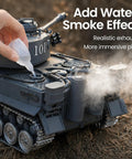 1:18 Tiger RC Tank with metal tracks adding water for smoke effect, 2.4GHz remote control, all terrain military battle toy.