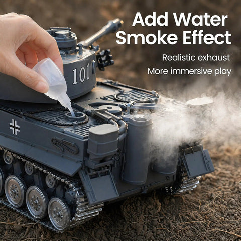 1:18 Tiger RC Tank with metal tracks adding water for smoke effect, 2.4GHz remote control, all terrain military battle toy.