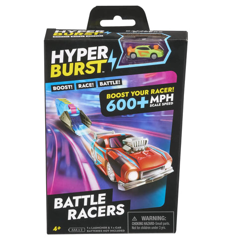 Battle Racers Green Storm Micro Scale Car With Launcher packaging showing car and launcher. Age 4+, speed 600+ MPH.