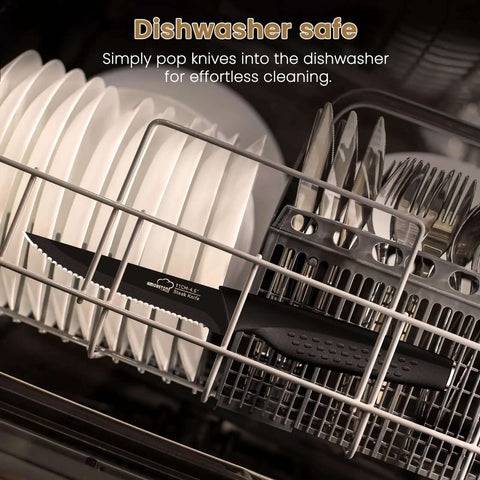 Eight Piece Steak Knife Set With Stainless Steel Serrated Blades and Elegant Black Handles in dishwasher