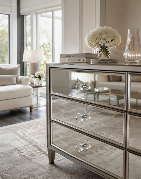 Glass Cabinet Knobs Set Of Eight In Silver With Clear Crystal Ring for dresser pulls on mirrored cabinet.