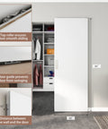 30X84 Inch Flush White Primed Barn Door With Invisible Hidden Track And Soft Close Hardware Kit showing dimensions and smooth sliding features.