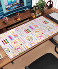 Colorful classroom-themed Pink Cute Desk Pad 31.5 By 15.7 Inches Large Mouse Pad For Keyboard And Mouse on wooden desk.