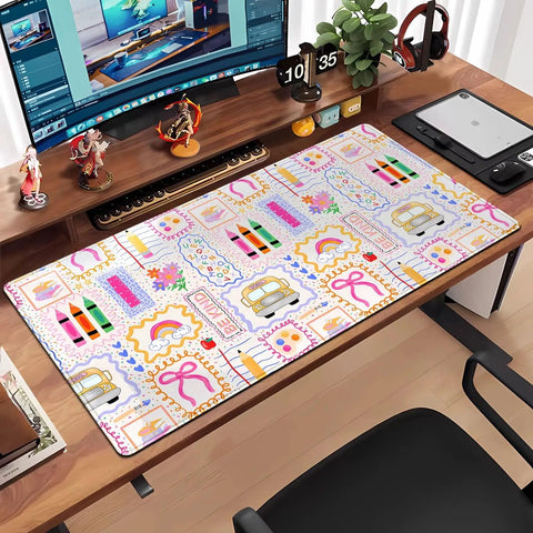 Colorful classroom-themed Pink Cute Desk Pad 31.5 By 15.7 Inches Large Mouse Pad For Keyboard And Mouse on wooden desk.