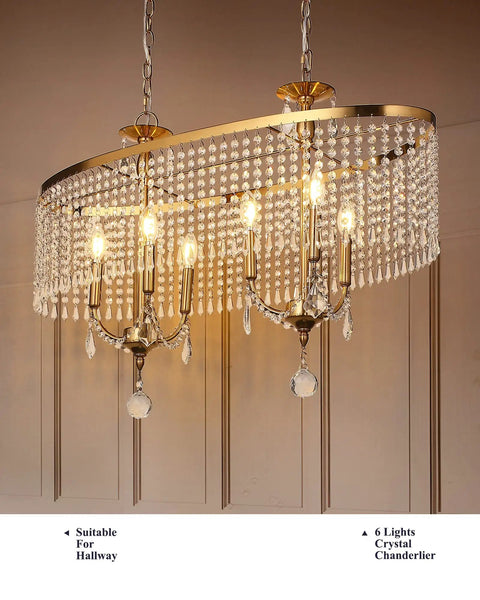 Lit 6 Light Gold Crystal Chandelier With K9 Crystals And Warm Gold Frame, Modern Pendant Light Fixture, front view