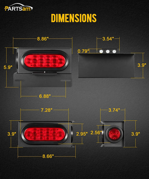 Diagram showing dimensions of Beefed Up LED Steel Trailer Light Box Kit with 6 inch oval red tail lights and 2 inch round lights