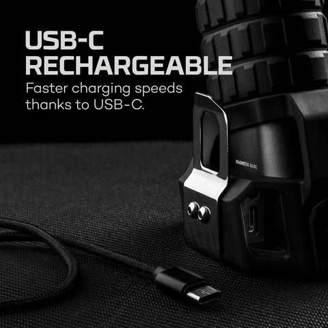 LuxTreme SL100 Spotlight Beast With 1 Mile Beam And 640000 Candlepower, USB-C charging cable and port visible, black finish