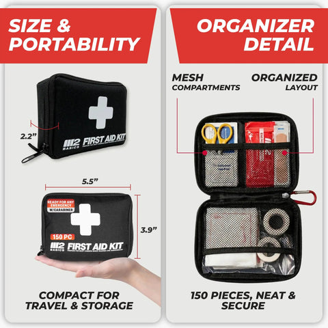 Compact 150 Piece First Aid Kit With Carry Bag And Carabiner For Travel Car Hiking Purse Emergency Readiness On The Go Essentials For Minor Injuries Everyday Use