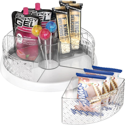 12 Inch Lazy Susan Turntable with Removable Bins holding snacks, tube bin filled with candies and dividers for pantry organization.
