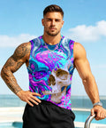 Men 3D Cyber Mechanical Skull Graphic Tank Top Moisture Wicking Quick Dry Sleeveless Workout Shirt worn by man outdoors.